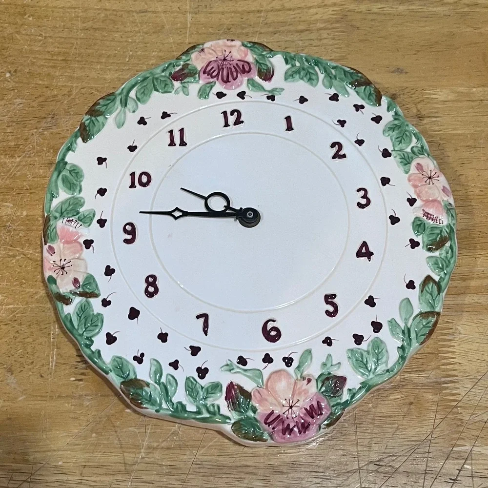 Laura Ashley Ceramic Floral Wall Clock Pink Purple White Embossed‎ 10.5 Inch